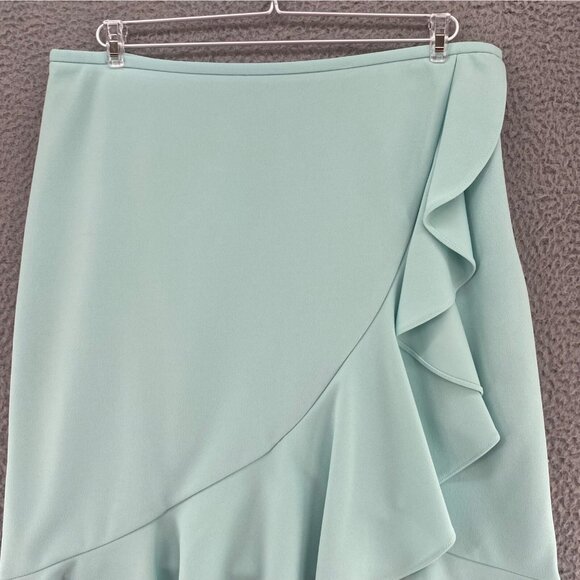 Calvin Klein Skirt Womens 12 Green Below Knee Faux Wrap Ruffle A Line Stretch - Picture 2 of 10